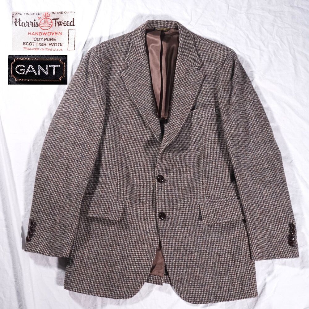 GANT Harris Tweed Sport Coat Brown Mens Measures 40R Leather Buttons